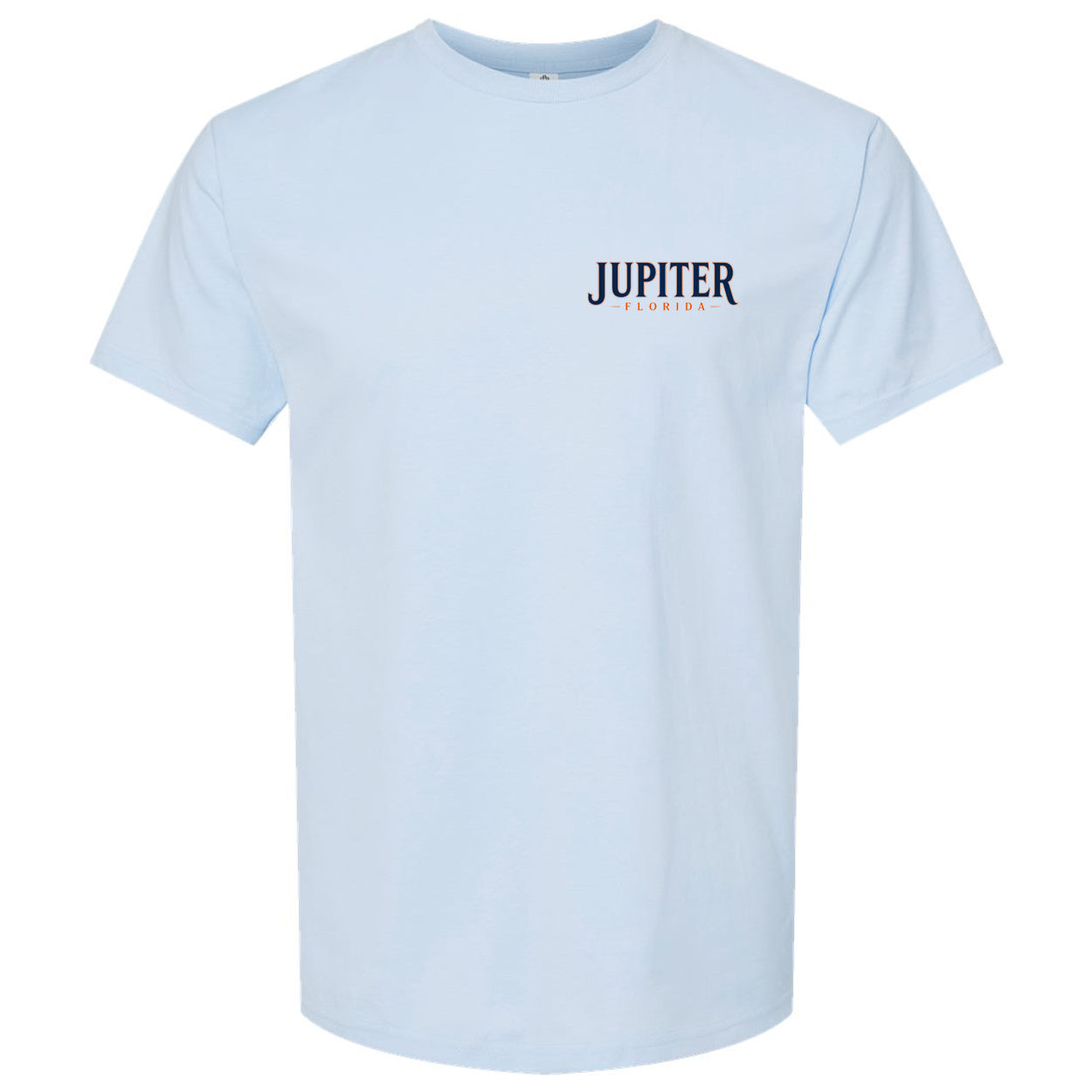 A light blue short-sleeve crewneck t-shirt with 'JUPITER' printed in navy blue on the left chest, accompanied by small orange and white text underneath, displayed on a clean white background.