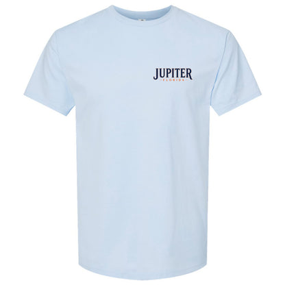 A light blue short-sleeve crewneck t-shirt with 'JUPITER' printed in navy blue on the left chest, accompanied by small orange and white text underneath, displayed on a clean white background.