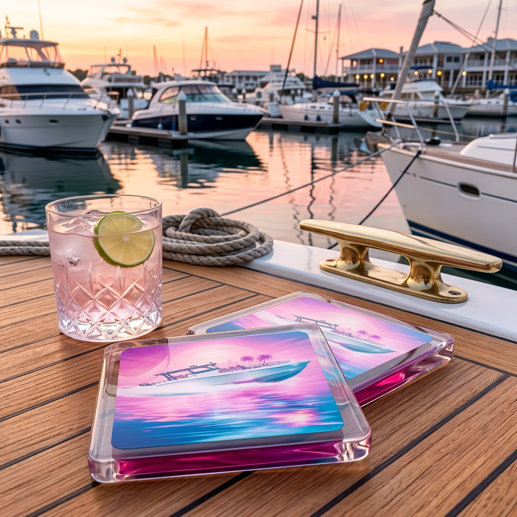 Sunset Boat Resin Coaster – Coastal Marina Drink Coaster