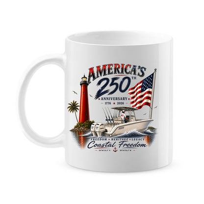 America's 250th Anniversary Coastal Freedom Mug | Jupiter Lighthouse Fishing Boat Coffee Cup | Patriotic Florida Gift