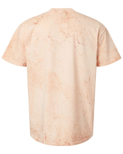 A short-sleeve crewneck t-shirt with a light peach and beige marble pattern, shown from the back on a white background.