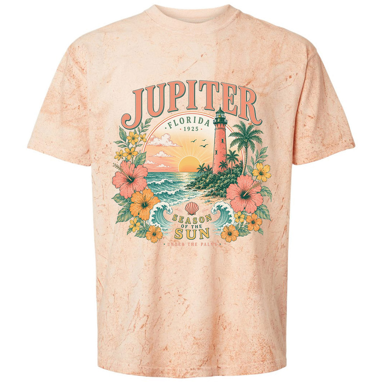 A short-sleeve crewneck t-shirt in a light peach-beige mineral-wash finish, featuring a large retro graphic on the front with the text 'JUPITER FLORIDA 1952' and a tropical beach scene with a lighthouse, flowers, and palm trees.