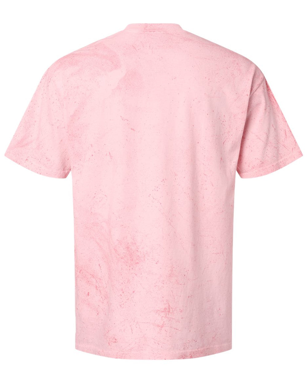 A light pink short-sleeve t-shirt with a subtle, faded marbled or mineral-washed texture, shown from the back on a plain white background.
