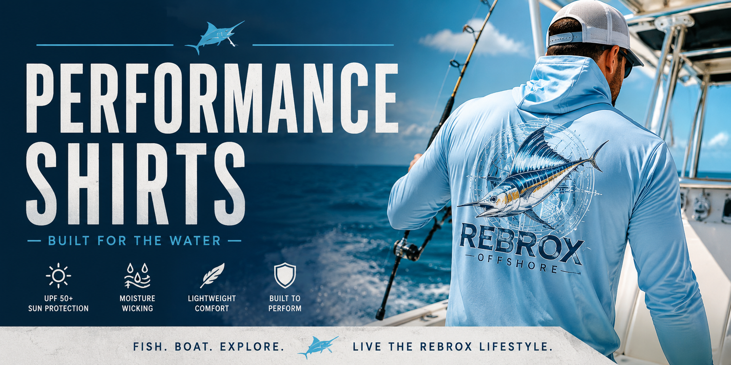 A man on a boat wearing a light blue performance fishing shirt with a marlin graphic on the back, shown from behind. The left side features a dark blue graphic banner with the text 'PERFORMANCE SHIRTS' and feature icons.