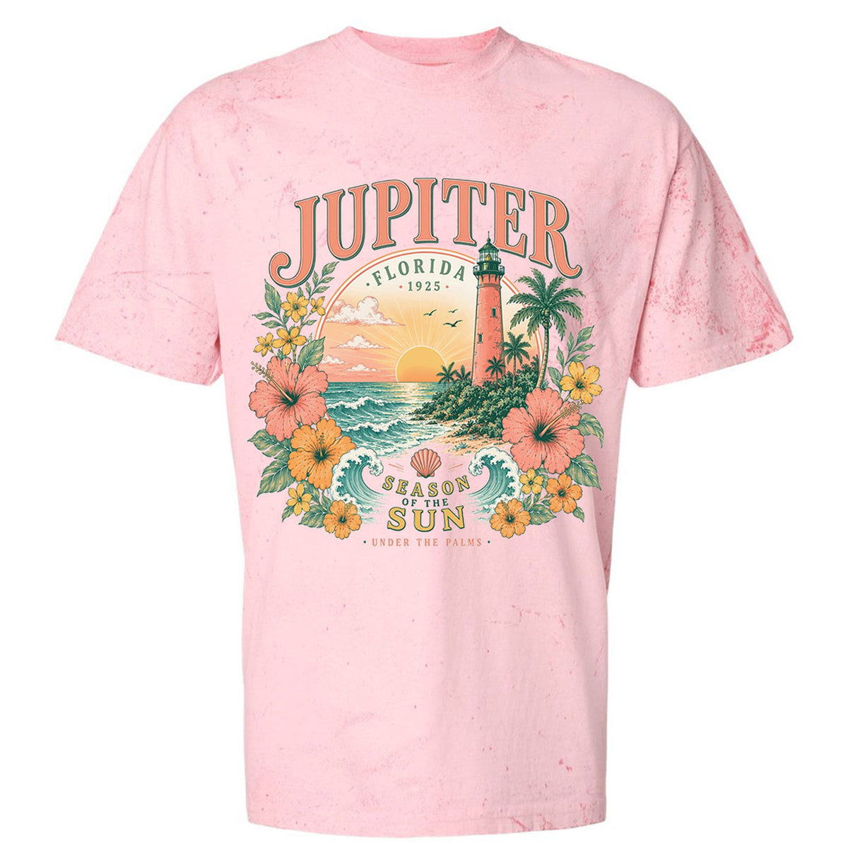 A light pink short-sleeve t-shirt with a distressed, mineral-wash texture, featuring a colorful graphic print on the front with the text 'JUPITER FLORIDA 1962' and an illustration of a lighthouse, palm trees, and tropical flowers.