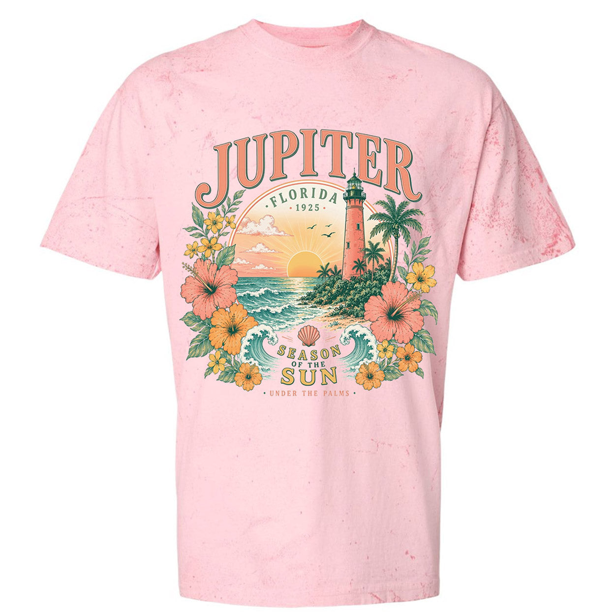 A light pink short-sleeve t-shirt with a distressed, mineral-wash texture, featuring a colorful graphic print on the front with the text 'JUPITER FLORIDA 1962' and an illustration of a lighthouse, palm trees, and tropical flowers.