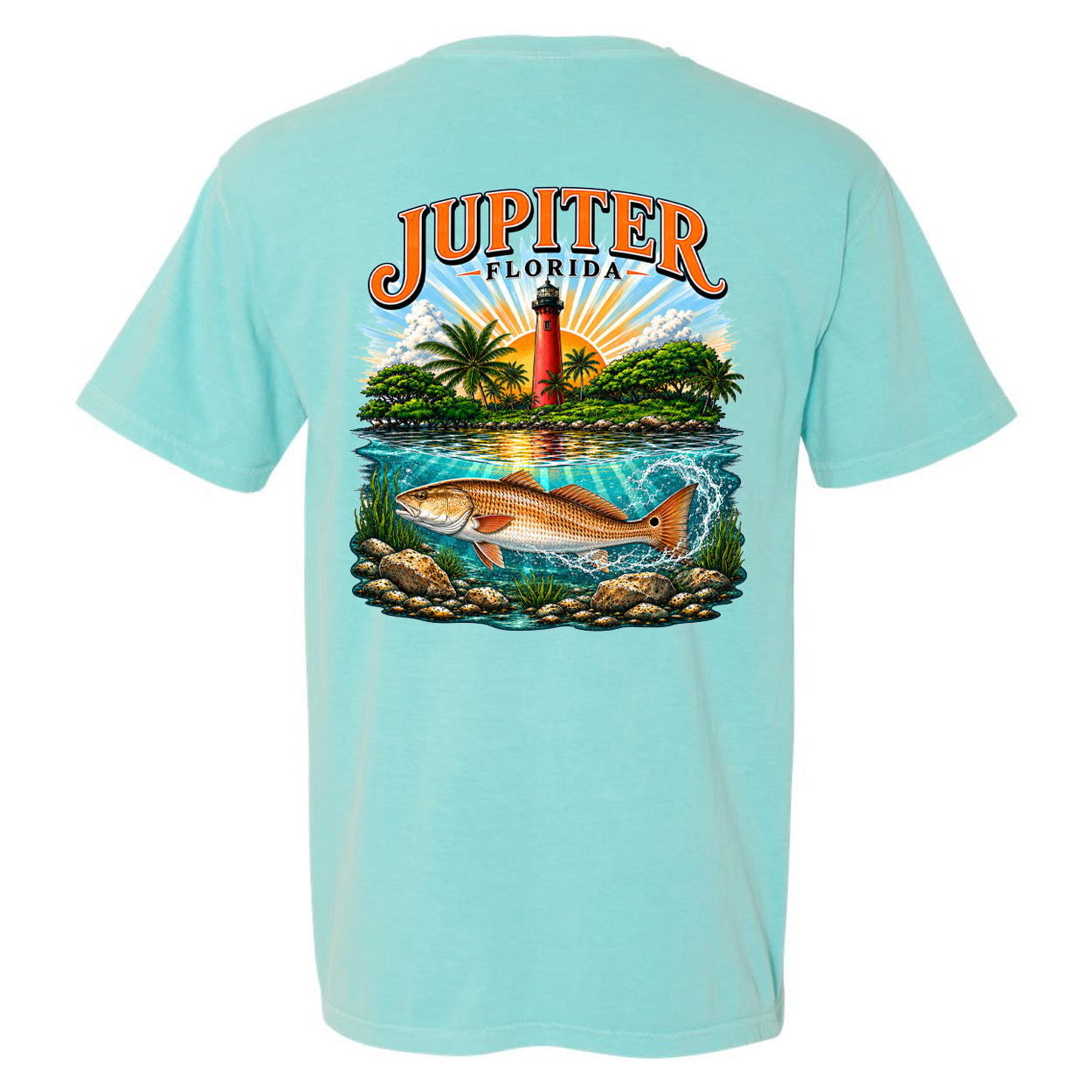 A light aqua blue short-sleeve t-shirt shown from the back, featuring a large graphic print of a Florida lighthouse, palm trees, a redfish, and the text 'JUPITER FLORIDA' in orange.