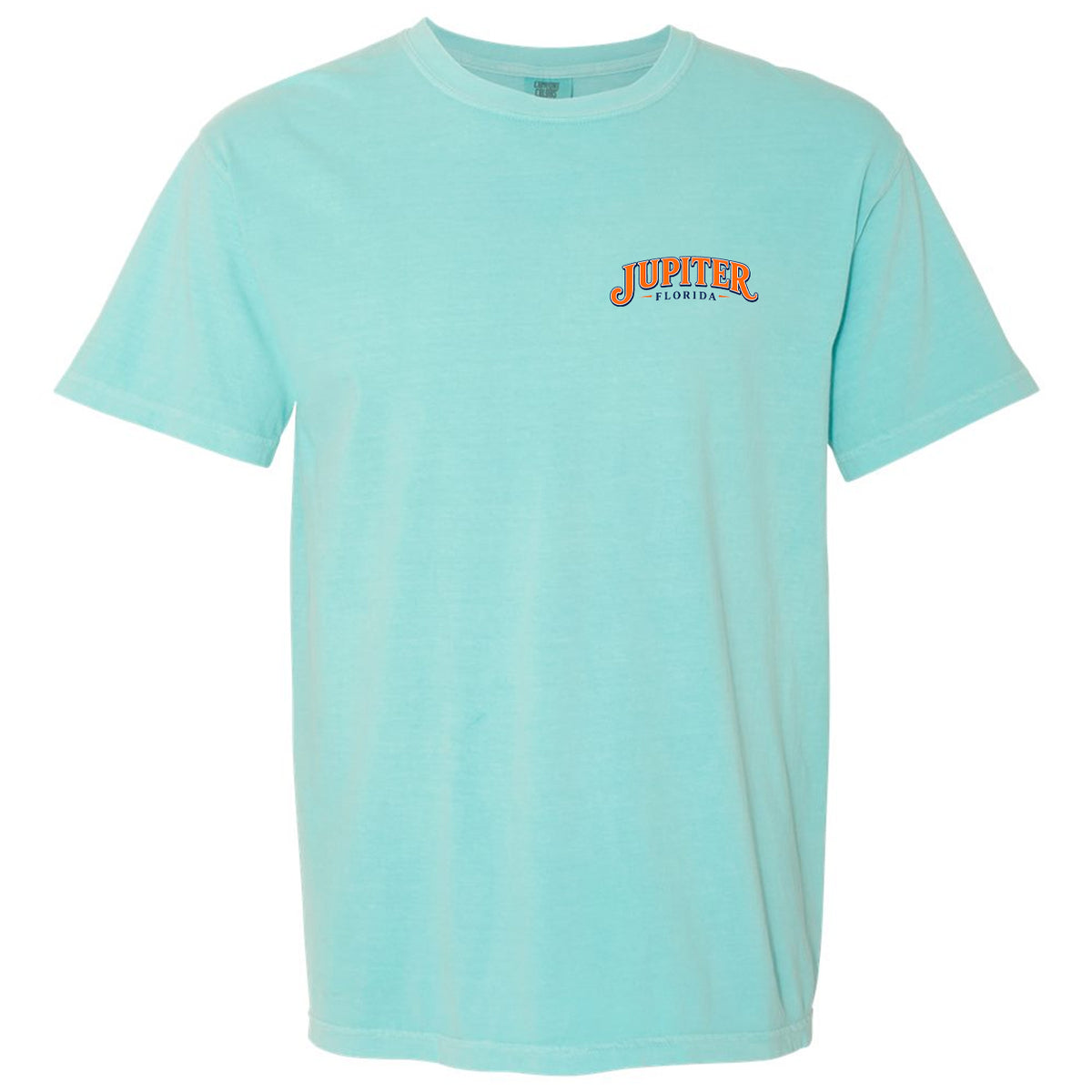 A light aqua short-sleeve crewneck t-shirt with a small orange and black 'Jupiter Florida' graphic on the left chest, displayed on a solid white background.