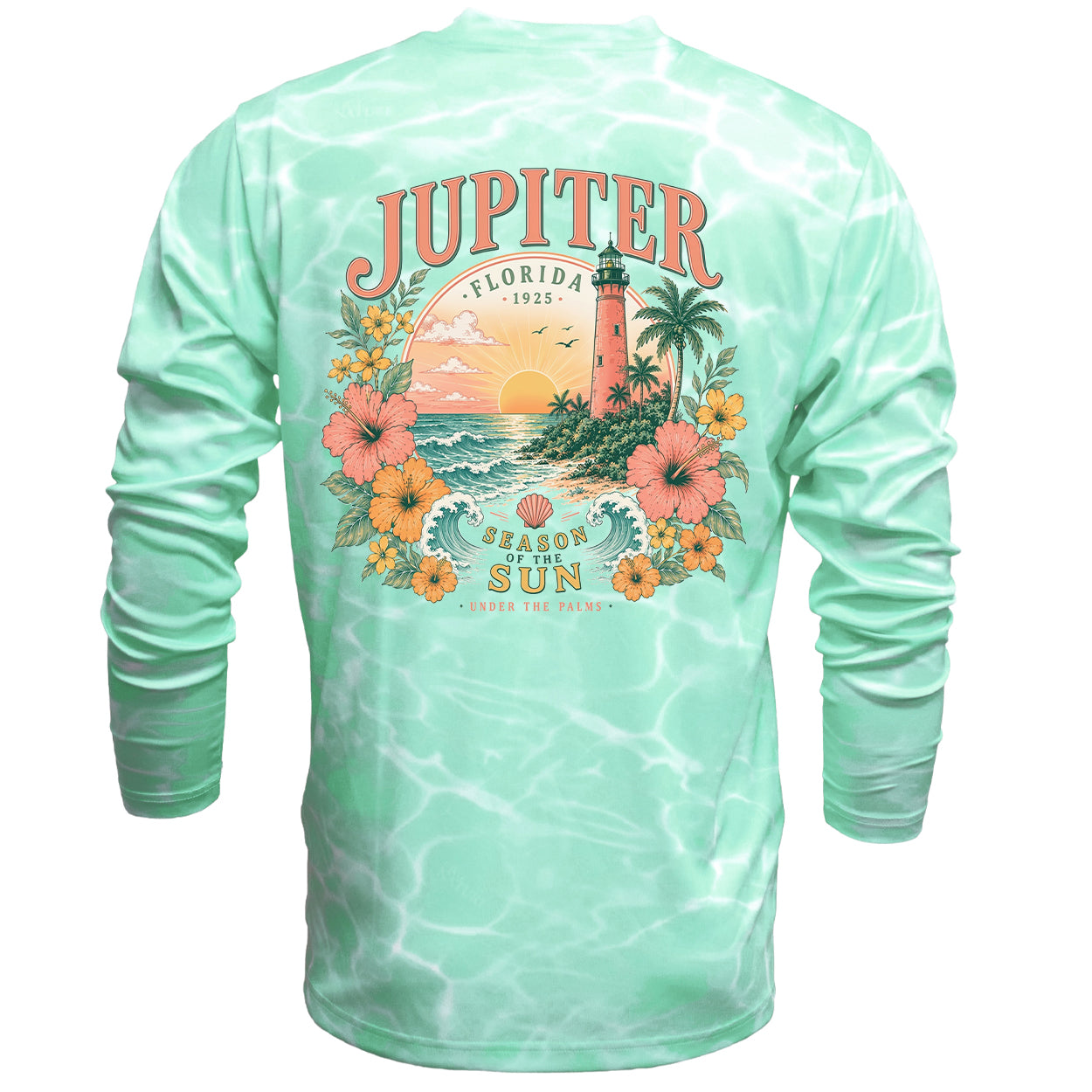 A mint green long-sleeve t-shirt with a white tie-dye pattern, featuring a large back graphic of a Florida sunset scene with a lighthouse, palm trees, and the text 'JUPITER FLORIDA 1923' and 'SEASON OF THE SUN'.
