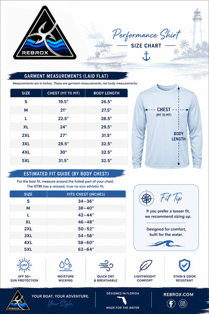 A REBROX brand size chart and fit guide for their Performance Shirt. The infographic features a size measurement table from S to 5XL, an estimated fit guide by body chest, and a mockup of a light blue performance shirt showing how to measure chest and body length.