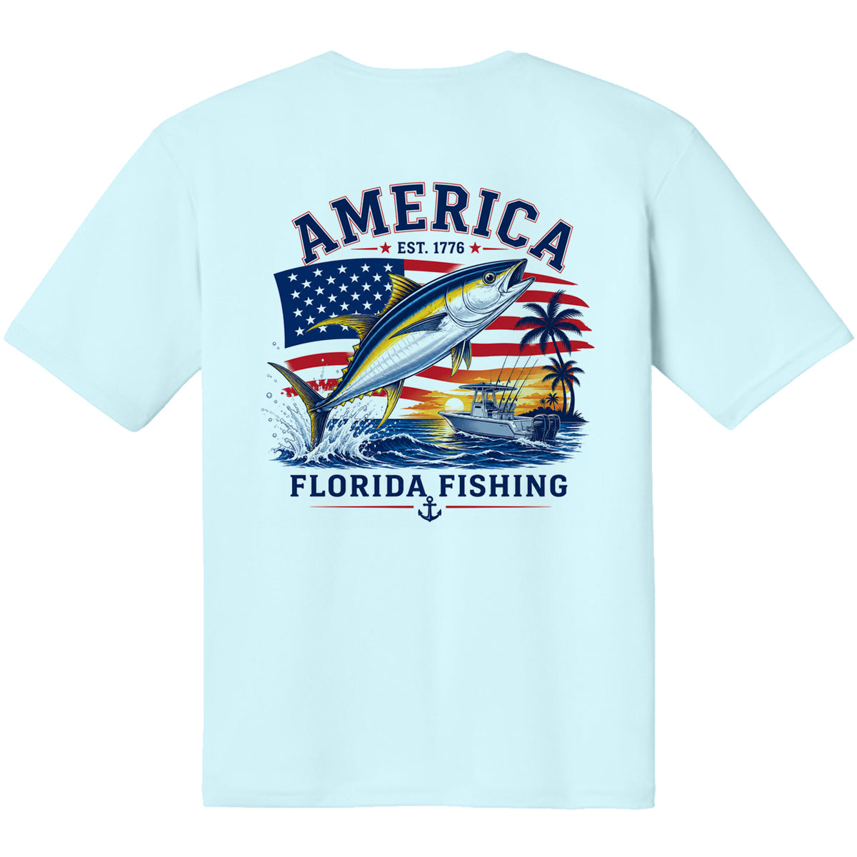 A light blue short-sleeve t-shirt with a large graphic print on the back. The graphic features a yellow tuna fish jumping in front of an American flag, with the text 'AMERICA EST.