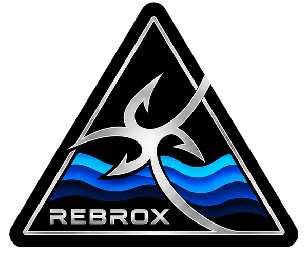 A triangular black patch or sticker featuring a stylized silver fish hook over layered blue and black wavy lines, with the word REBROX in silver at the bottom.