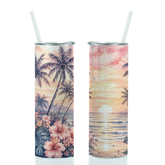 Two tall insulated tumblers with clear straws, shown side by side on a white background. Each tumbler features a tropical beach print with palm trees, flowers, ocean, and a sunset.