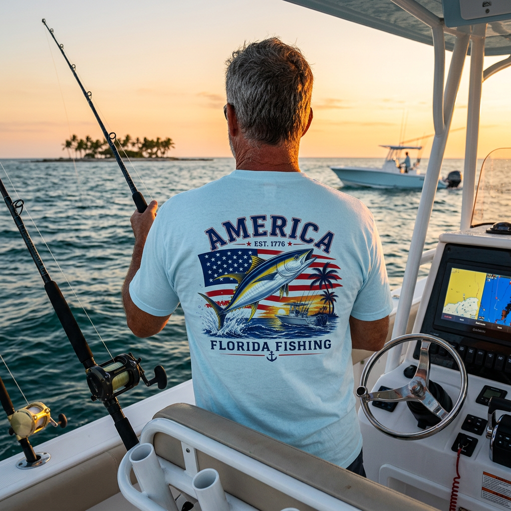 A man on a boat at sunset wearing a light blue t-shirt with a large graphic on the back that reads 'AMERICA FLORIDA FISHING' and shows a fish, American flag, and sunset scene.
