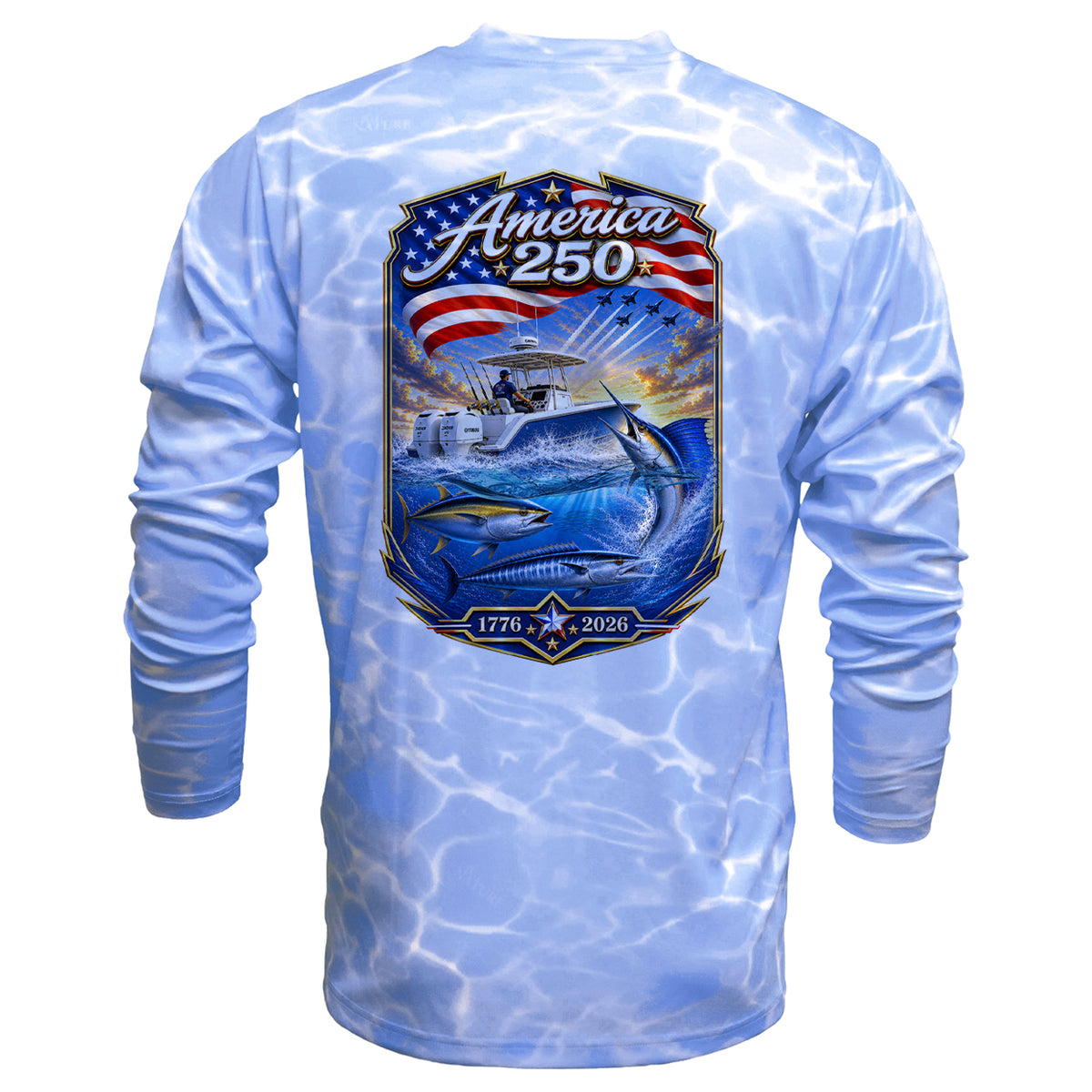 A long-sleeve t-shirt with a light blue and white water ripple print, featuring a large back graphic that reads 'America 250' with an illustration of a boat, fish, and an American flag.