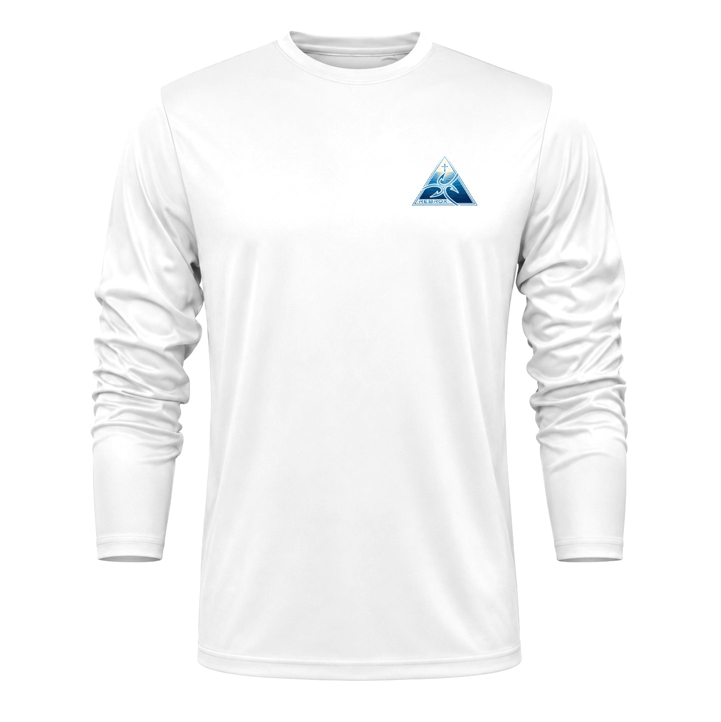 A white long-sleeve crewneck shirt with a small blue triangular logo on the left chest, displayed on a clean white background.