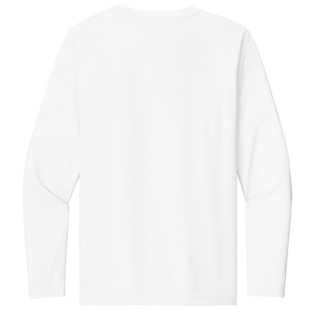 A plain white long-sleeve crewneck shirt shown from the back, photographed flat against a white background.