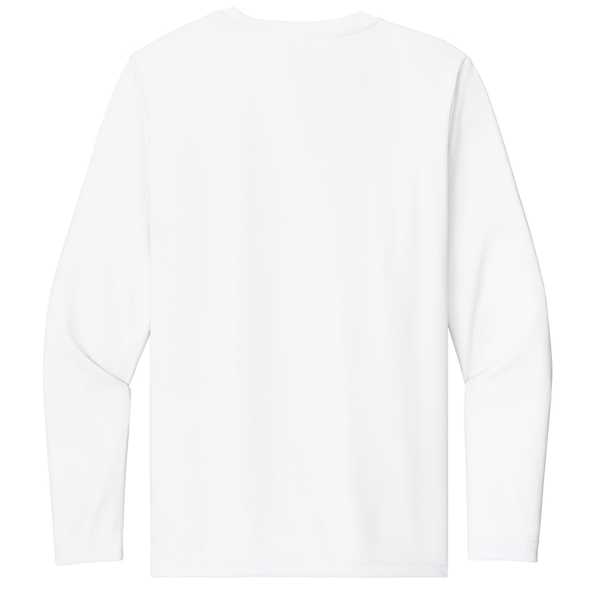 A plain white long-sleeve crewneck shirt shown from the back, photographed flat against a white background.