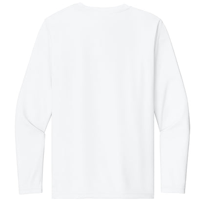 A plain white long-sleeve crewneck shirt shown from the back, photographed flat against a white background.