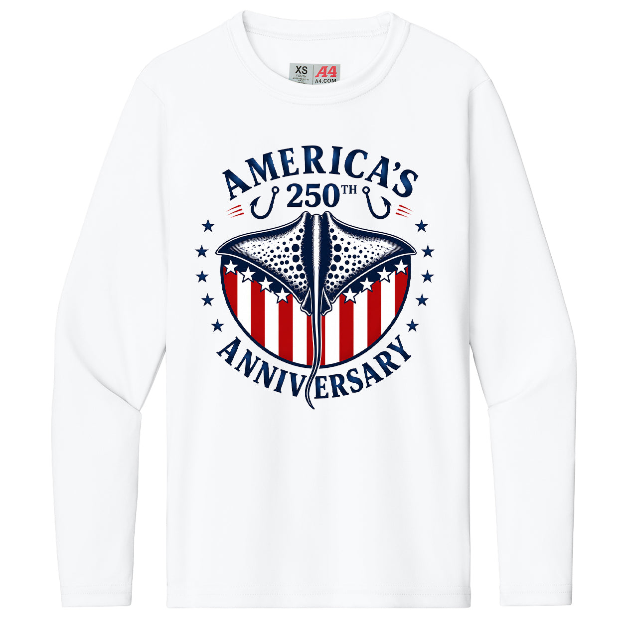 A white long-sleeve crewneck t-shirt featuring a patriotic graphic on the front with a manta ray over red and white stripes, surrounded by the text 'AMERICA'S 250TH ANNIVERSARY' and stars.