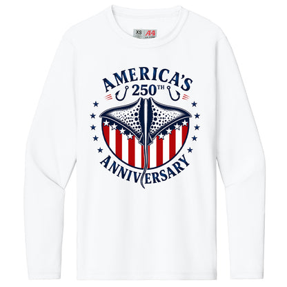 A white long-sleeve crewneck t-shirt featuring a patriotic graphic on the front with a manta ray over red and white stripes, surrounded by the text 'AMERICA'S 250TH ANNIVERSARY' and stars.