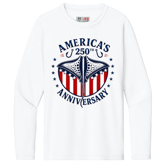 A white long-sleeve crewneck t-shirt featuring a patriotic graphic on the front with a manta ray over red and white stripes, surrounded by the text 'AMERICA'S 250TH ANNIVERSARY' and stars.