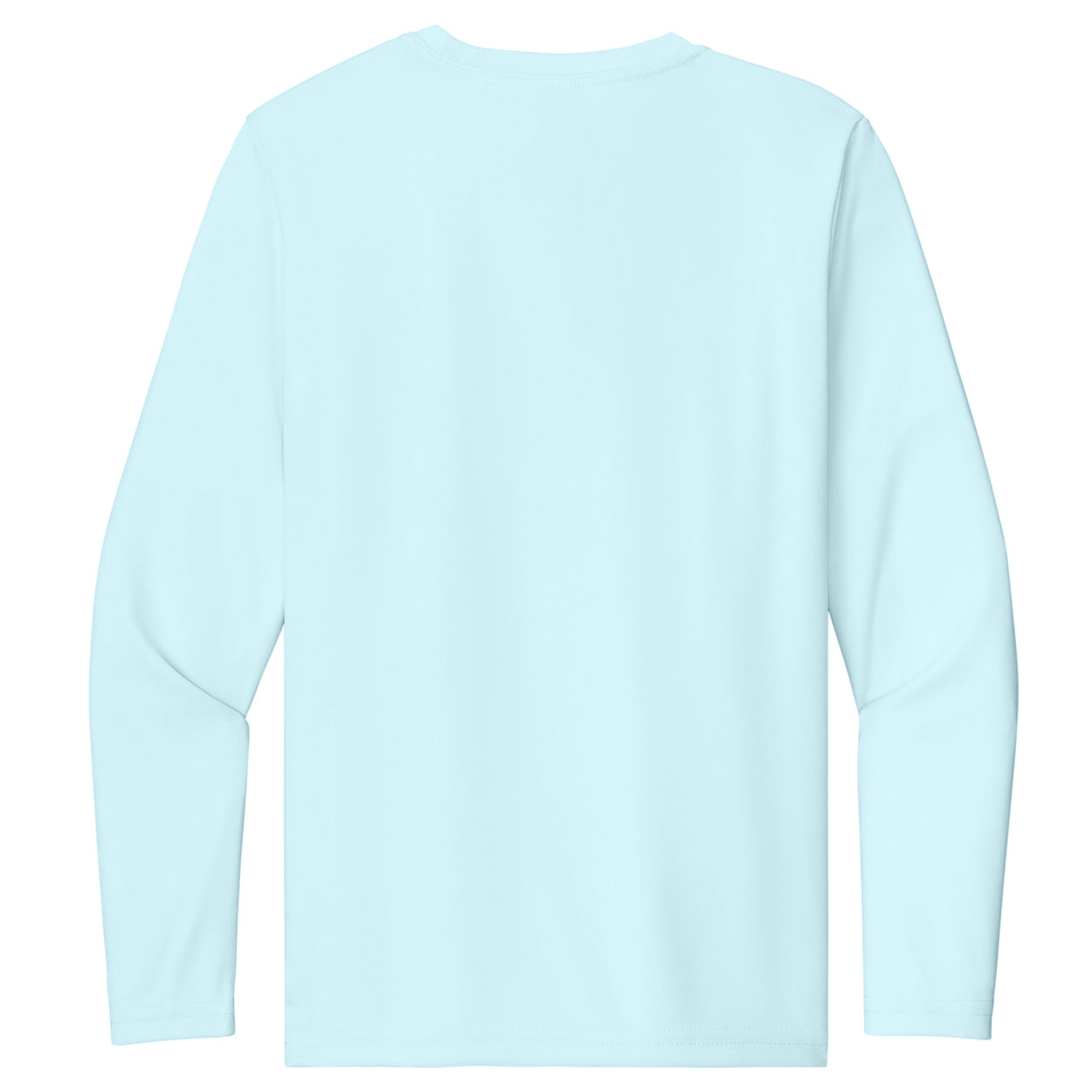 A light pastel blue long-sleeve t-shirt shown from the back, photographed flat against a solid white background.